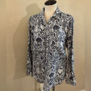 Charter Club Luxury Linen  Button-Up Blouse Sz Med Tropical pattern